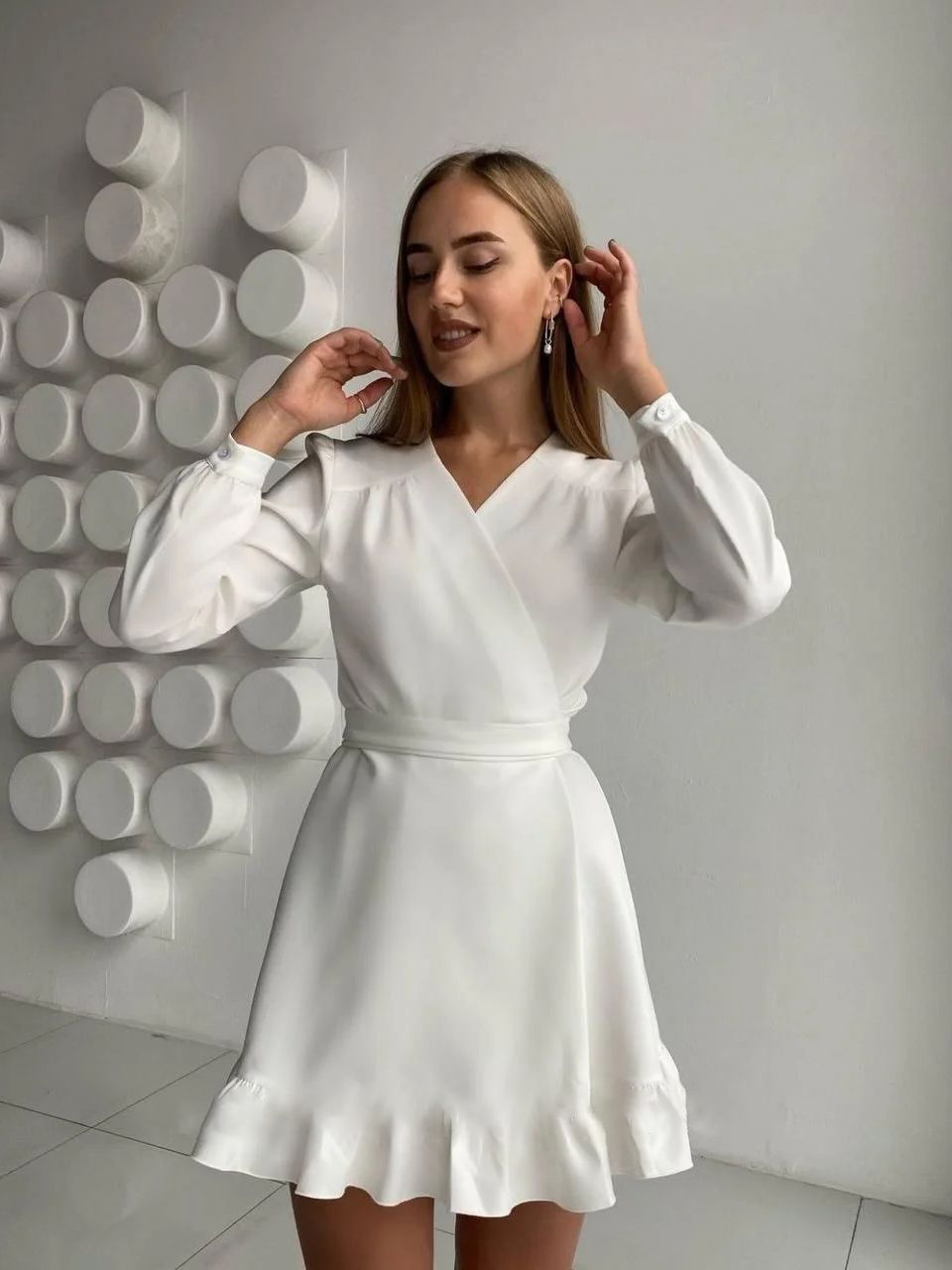Women's White Mini Dress with Wrap Neck | Ruffle Hem