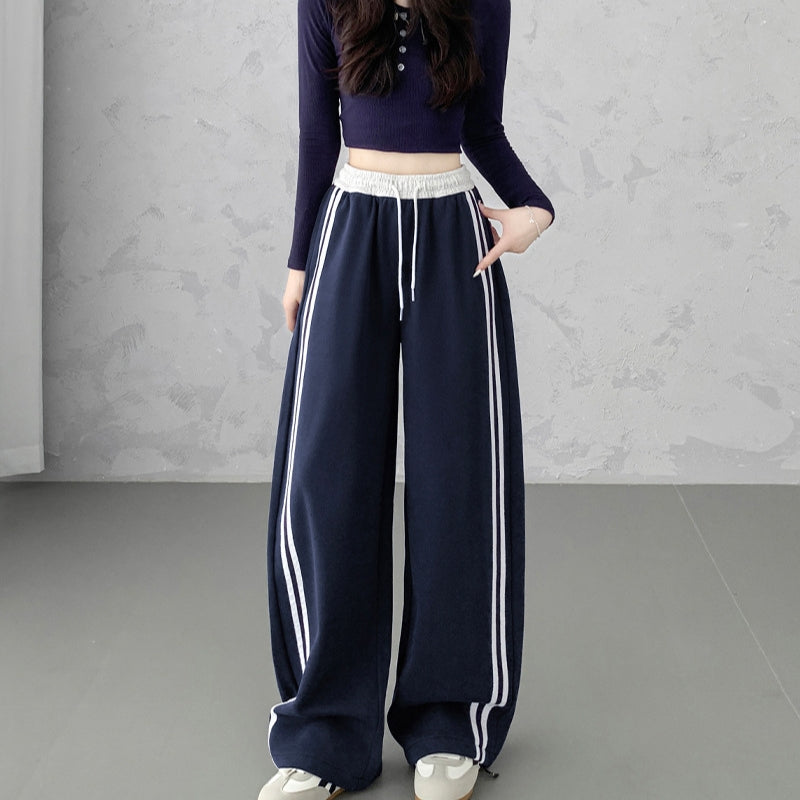 Women's Wide Leg Pants witrh Stripe & Elastic Waist | Track