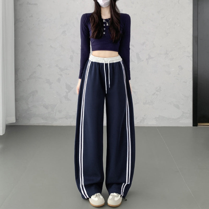 Women's Wide Leg Pants witrh Stripe & Elastic Waist | Track
