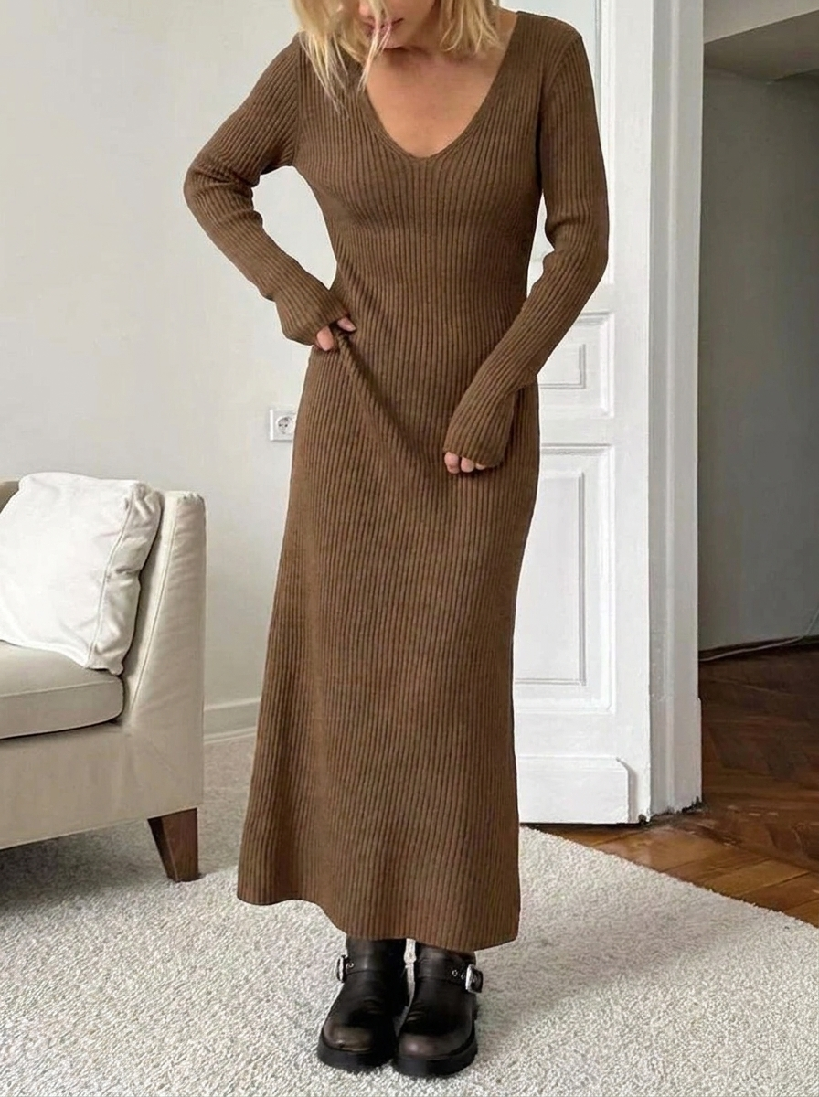 Women's Winter Dress Knit Ribbed Long Sleeve & V-Neck