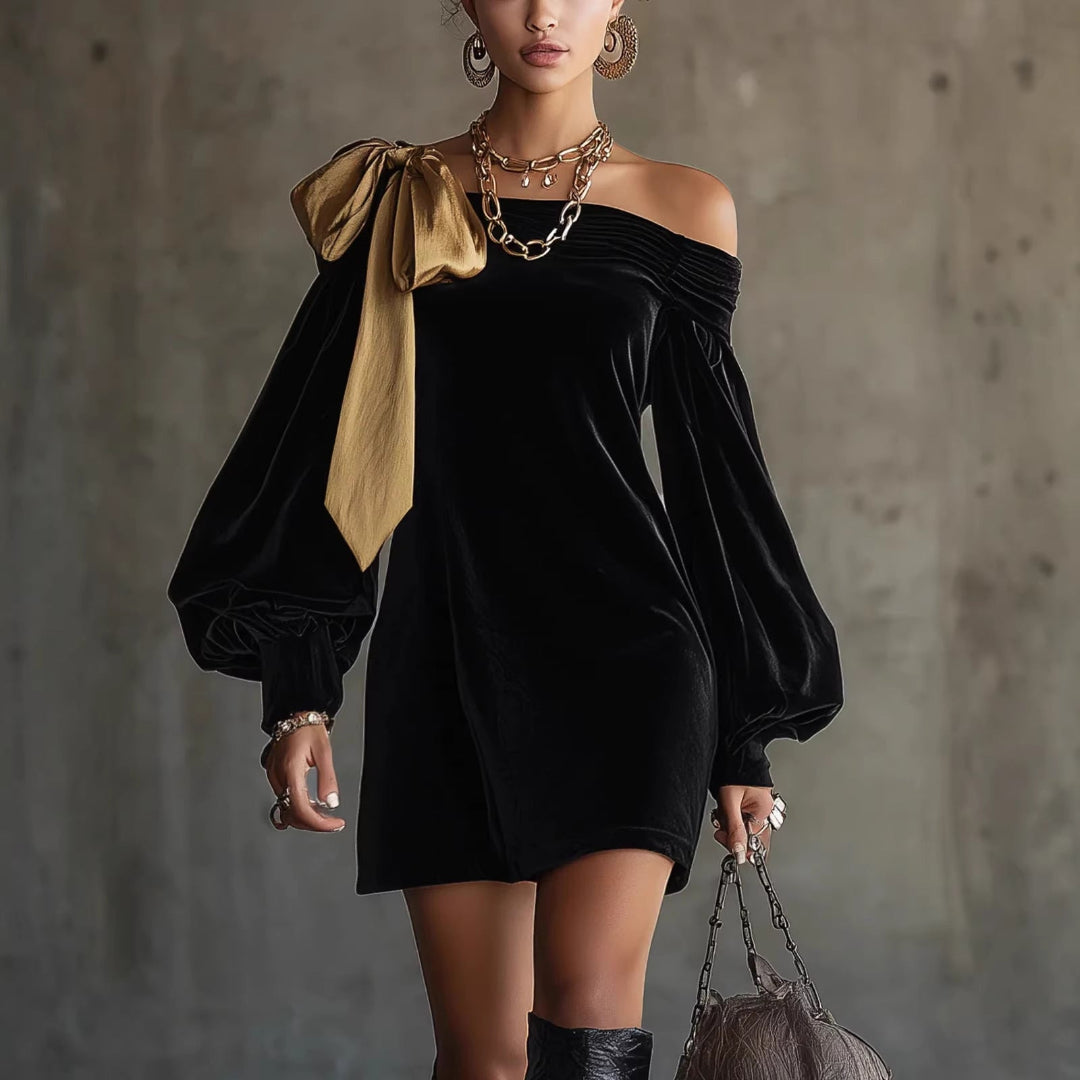 Women's Winter Dress with Off Shoulder & Bow | Long Sleeve