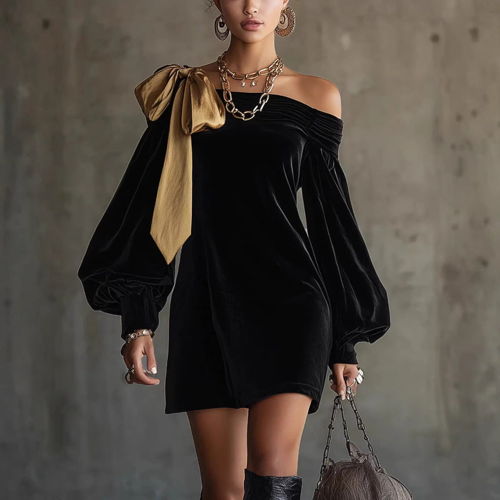 Women's Winter Dress with Off Shoulder & Bow