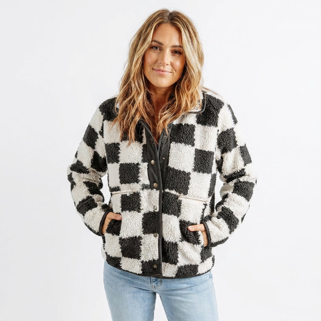 Women's Winter Jacket with Checkered Print & Snap Button | Fluffy