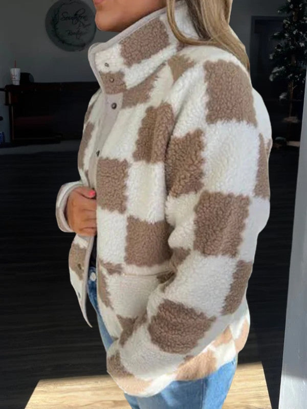 Women's Winter Jacket with Checkered Print & Snap Button | Fluffy