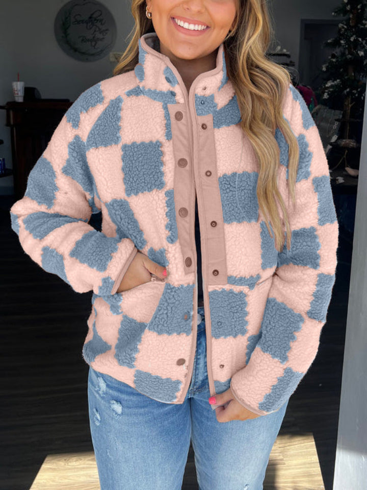 Women's Winter Jacket with Checkered Print & Snap Button | Fluffy