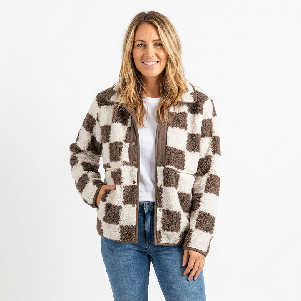 Women's Winter Jacket with Checkered Print & Snap Button | Fluffy