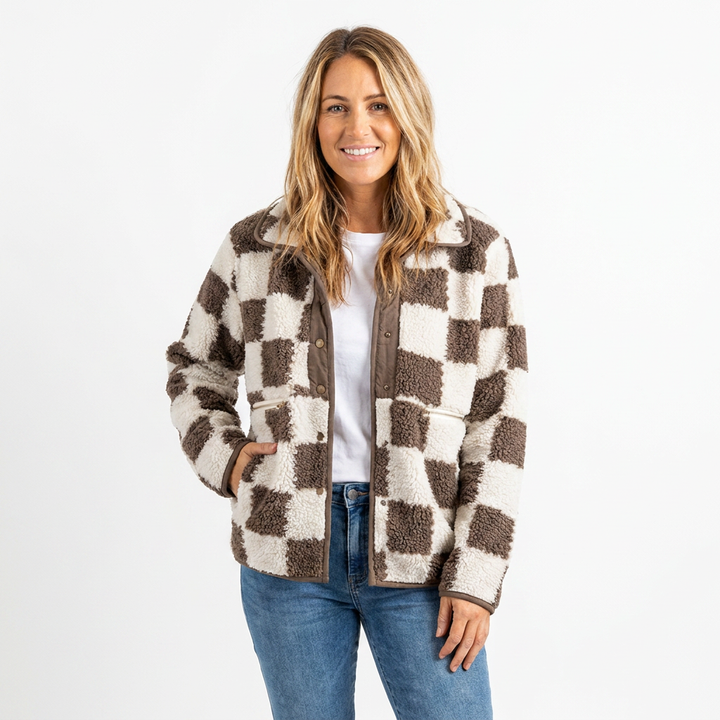 Women's Winter Jacket with Checkered Print & Snap Button | Fluffy