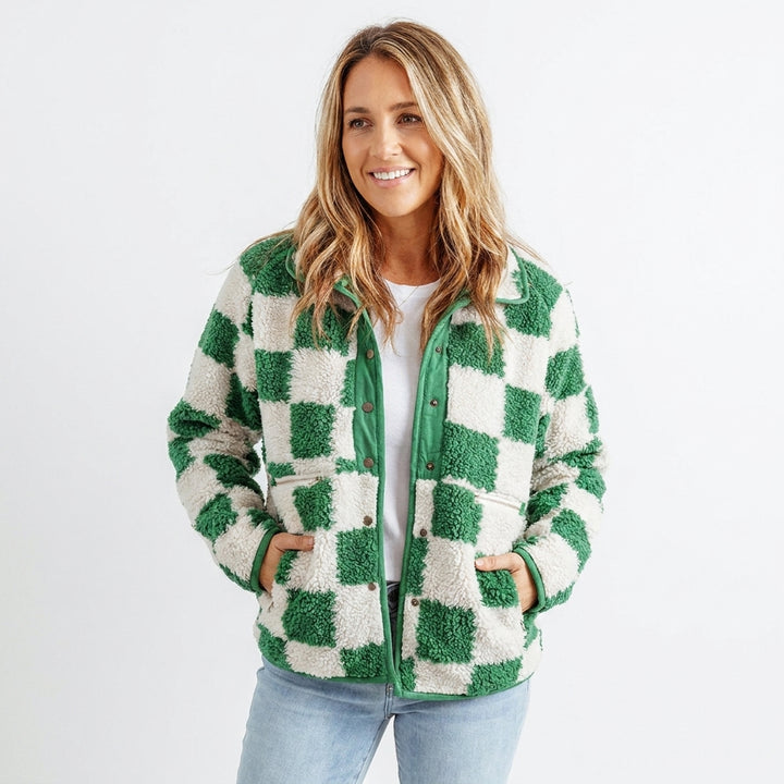 Women's Winter Jacket with Checkered Print & Snap Button | Fluffy