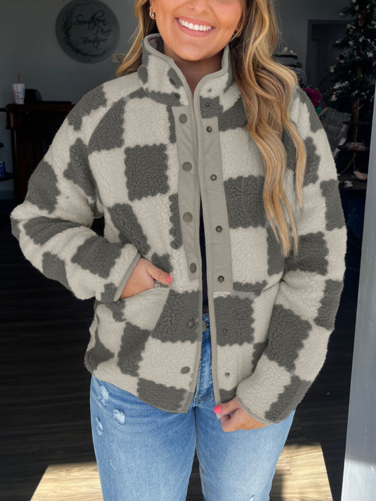 Women's Winter Jacket with Checkered Print & Snap Button | Fluffy