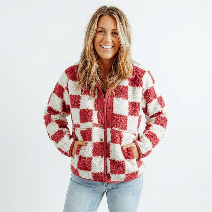 Women's Winter Jacket with Checkered Print & Snap Button | Fluffy