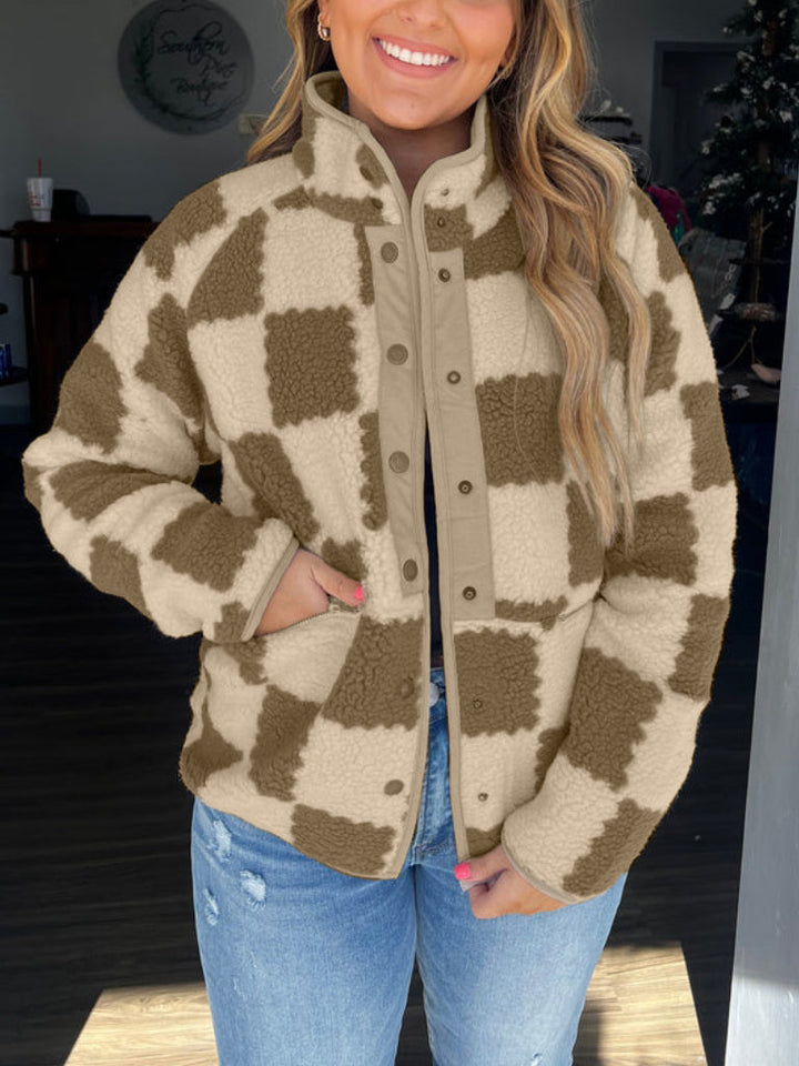 Women's Winter Jacket with Checkered Print & Snap Button | Fluffy