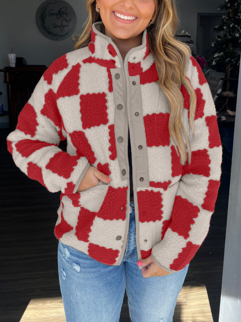 Women's Winter Jacket with Checkered Print & Snap Button | Fluffy