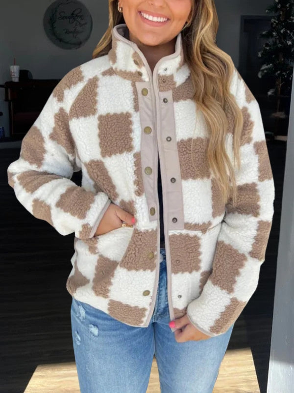Women's Winter Jacket with Checkered Print & Snap Button | Fluffy
