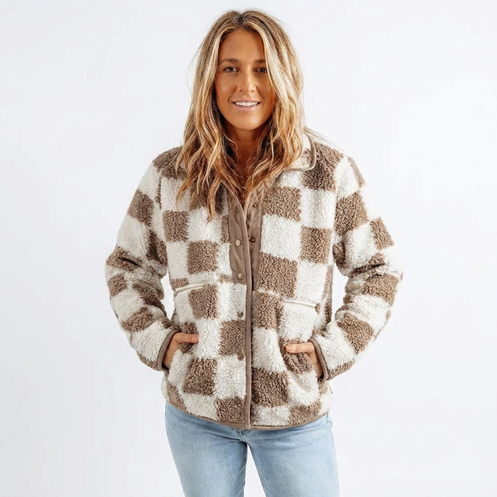 Women's Winter Jacket with Checkered Print & Snap Button | Fluffy