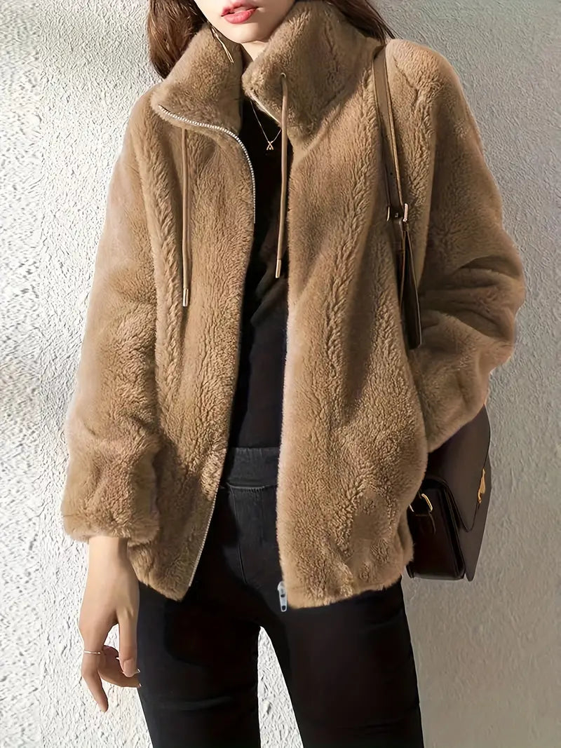 Women's Winter Jacket with Zip Front & Stand Collar | Fluffy