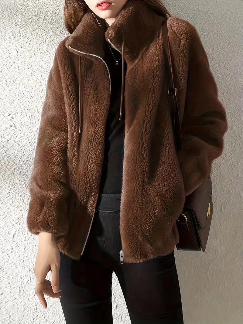 Women's Winter Jacket with Zip Front & Stand Collar | Fluffy