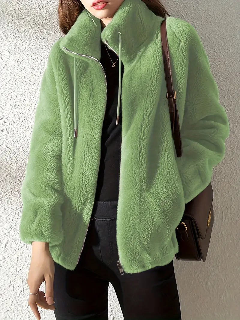 Women's Winter Jacket with Zip Front & Stand Collar | Fluffy
