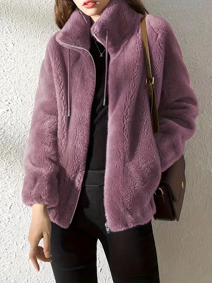 Women's Winter Jacket with Zip Front & Stand Collar | Fluffy