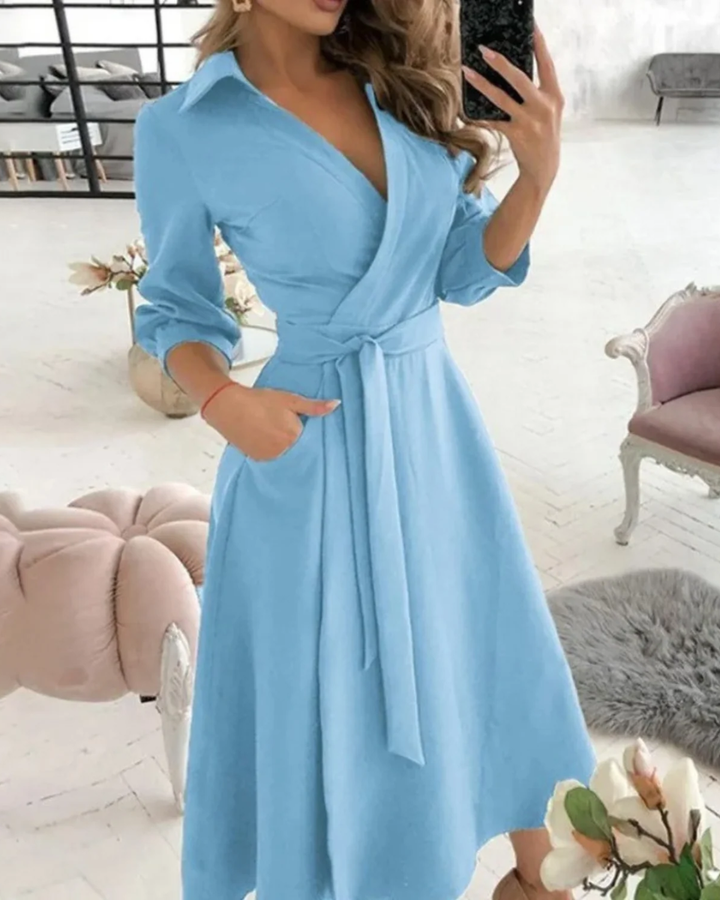 Women's Work Dress with Wrap Collar & Tie Waist | Midi