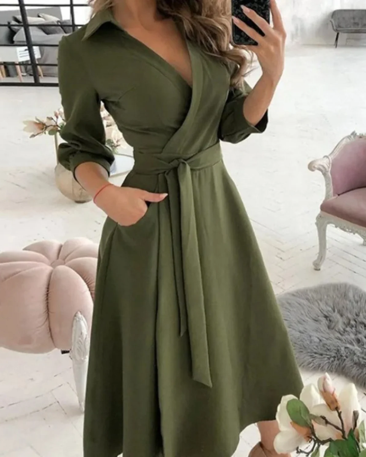 Women's Work Dress with Wrap Collar & Tie Waist | Midi