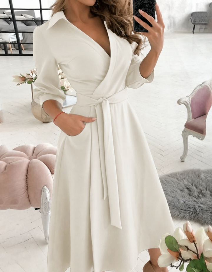 Women's Work Dress with Wrap Collar & Tie Waist | Midi