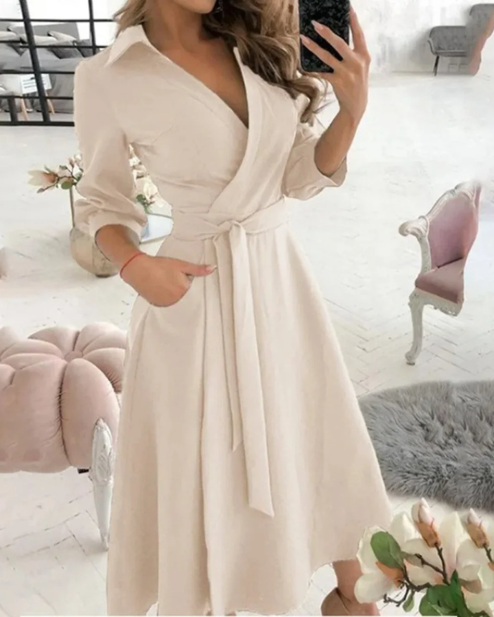 Women's Work Dress with Wrap Collar & Tie Waist | Midi