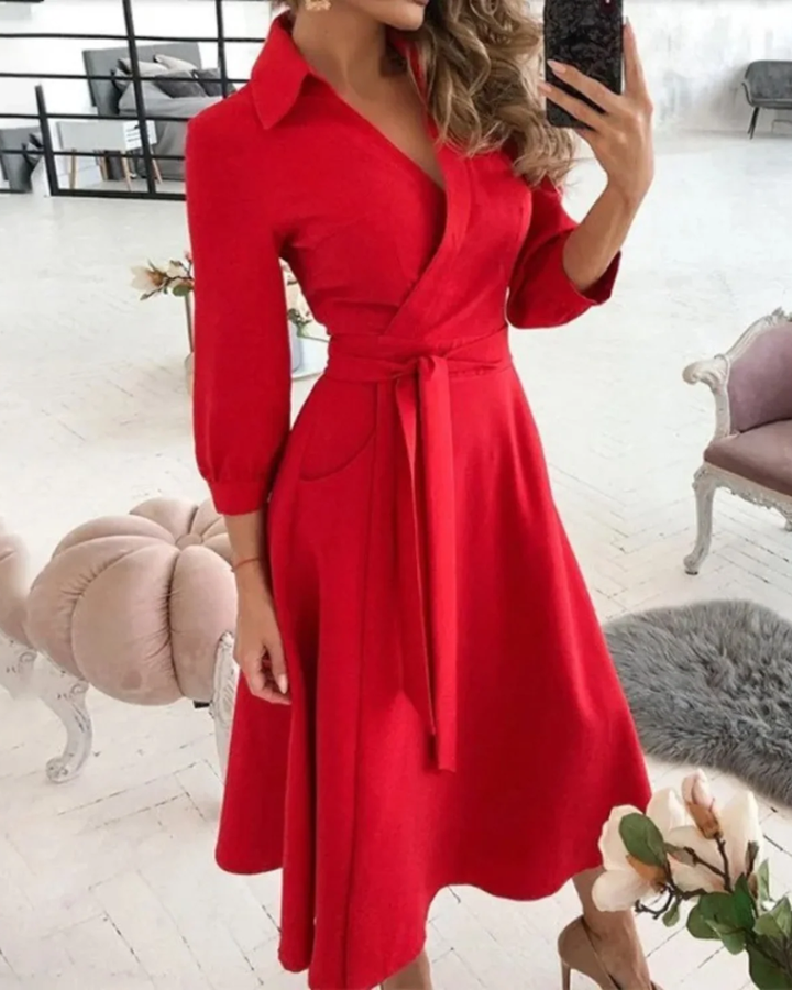 Women's Work Dress with Wrap Collar & Tie Waist | Midi