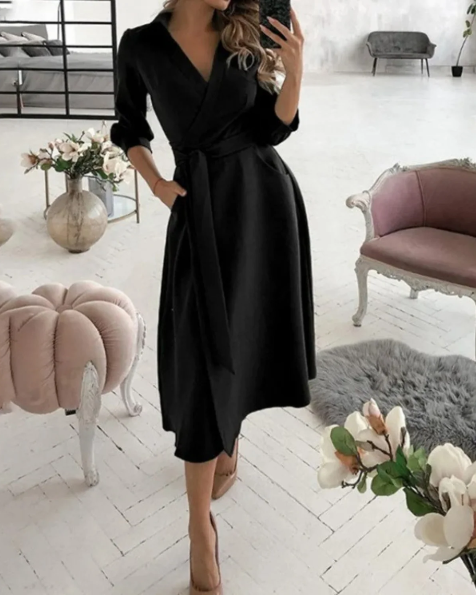 Women's Work Dress with Wrap Collar & Tie Waist | Midi