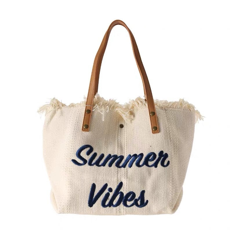 Women's Woven Beach Bag Tote | Long Shoulder Straps
