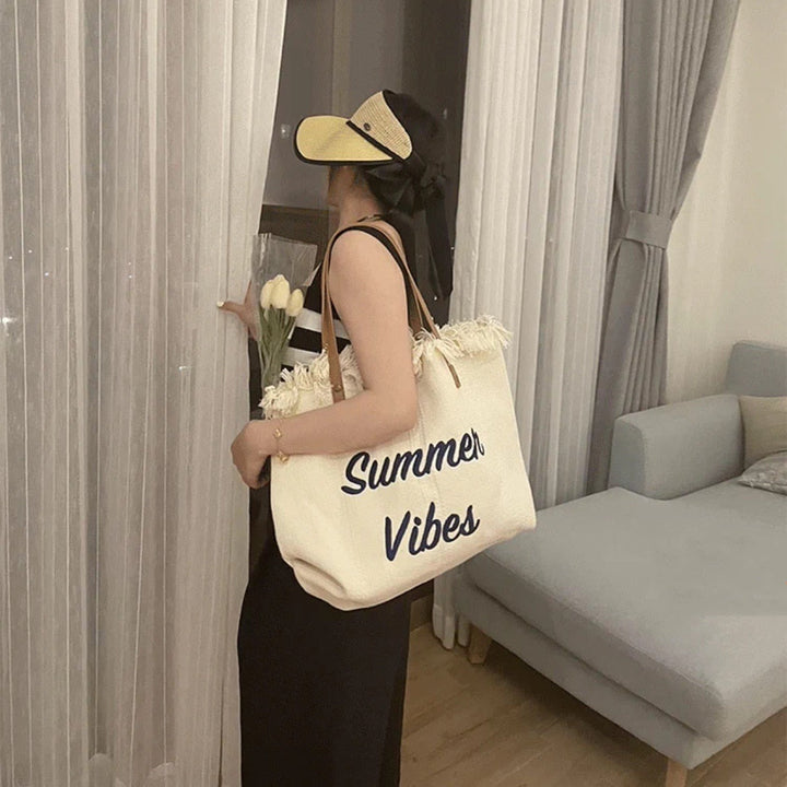 Women's Woven Beach Bag Tote | Long Shoulder Straps