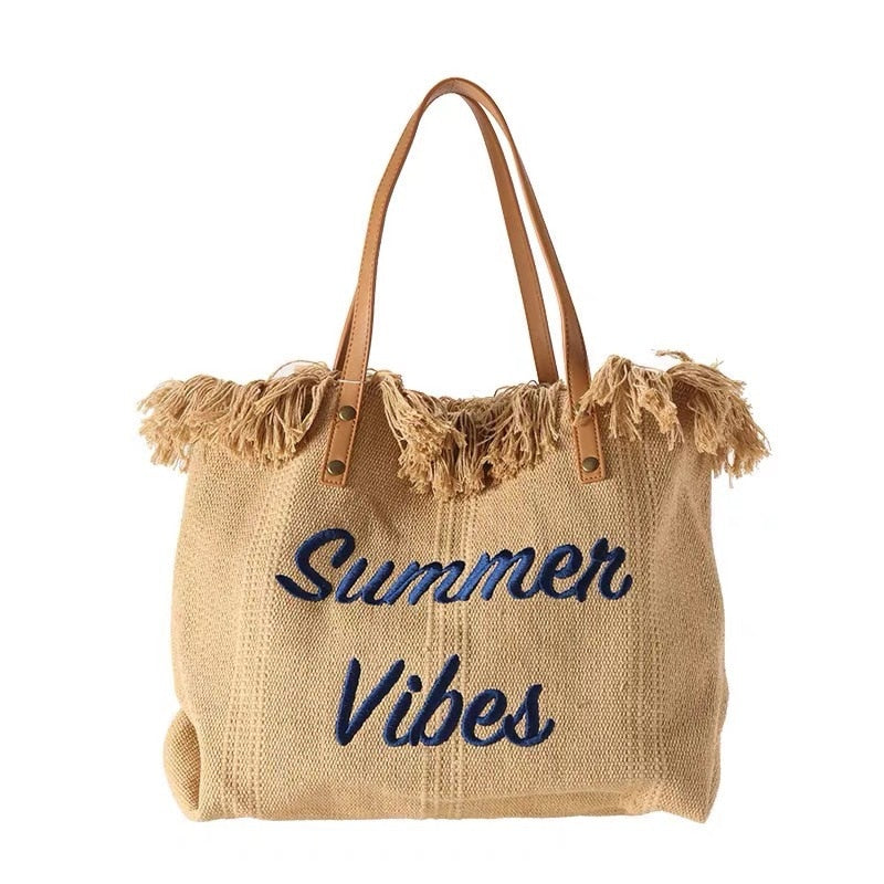 Women's Woven Beach Bag Tote | Long Shoulder Straps