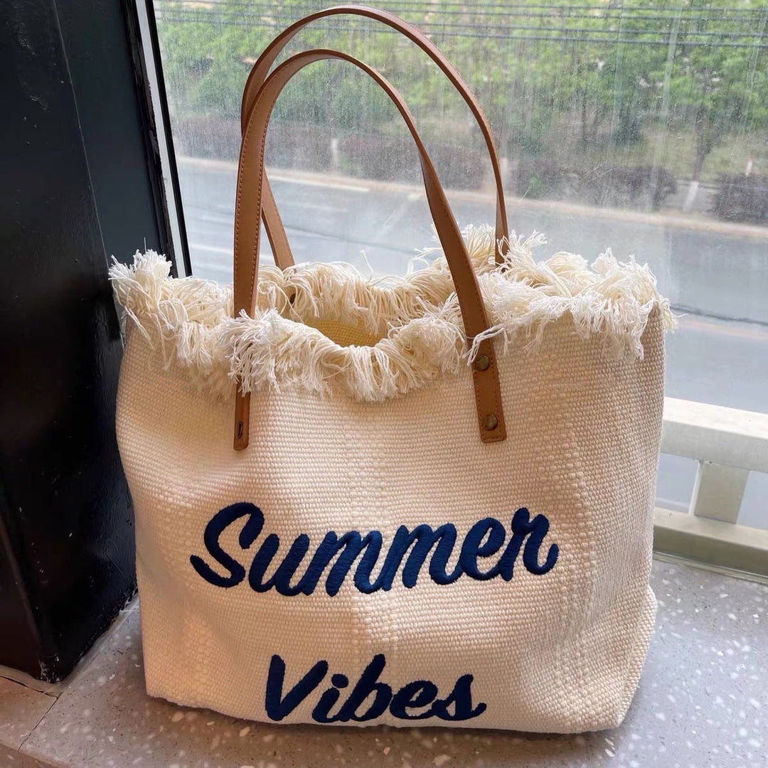 Women's Woven Beach Bag Tote | Long Shoulder Straps