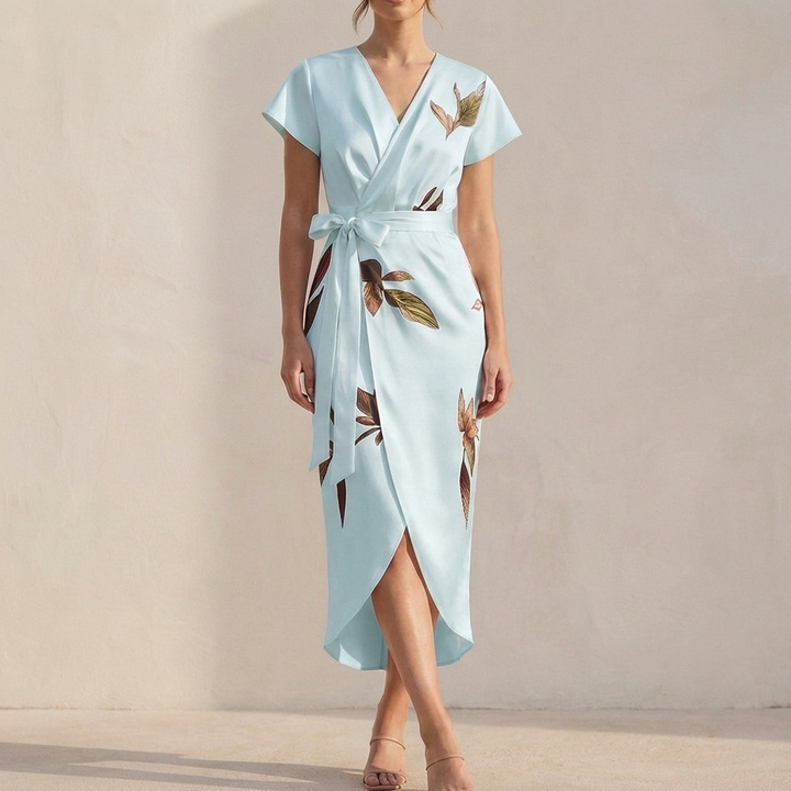 Women's Wrap Dress with Floral V-Neck & Tie Waist | Midi