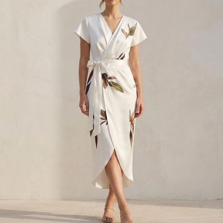 Women's Wrap Dress with Floral V-Neck & Tie Waist | Midi