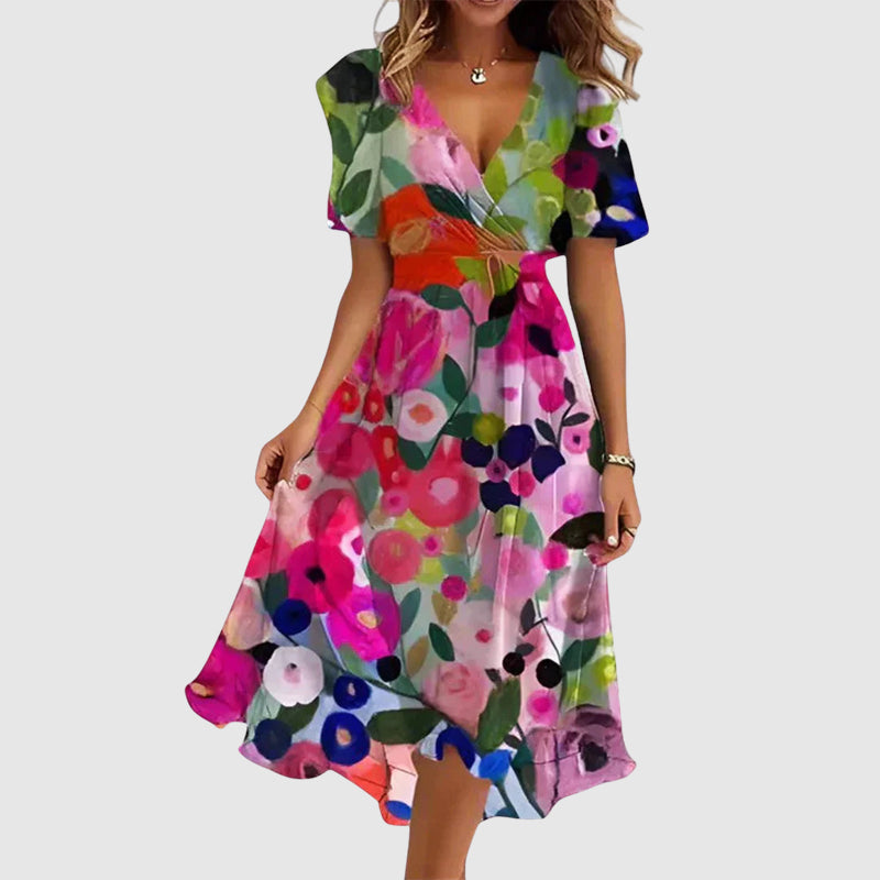 Women's Wrap Floral Dress with V-Neck | Midi